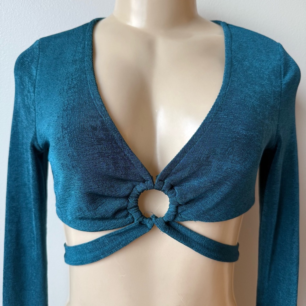 Runaway The Label Teal Green Long Sleeve Cutout Strappy Stretch Crop Top XS